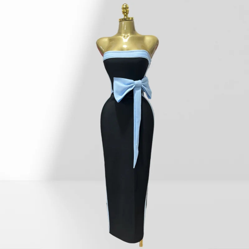 2025 Graceful Bow Sleeveless Strapless Sheath Black Bandage Ankle Lengh Dress Woman Party Vestido Celebrity Cocktail Outfit