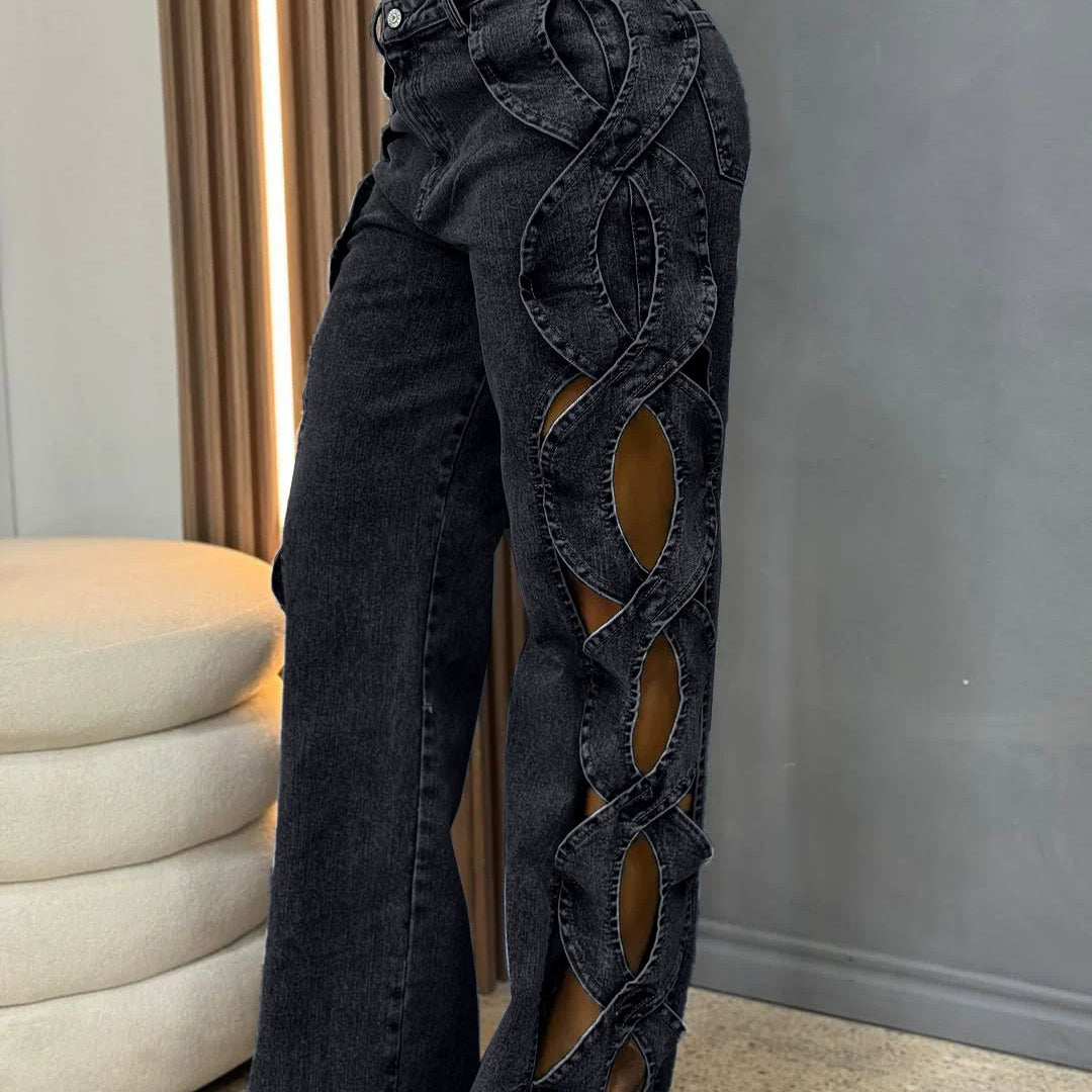 Women Streetwear Cutout Hollow Out Criss Cross Side Wide Leg Blue Denim Pants 2025 Fashion Sexy Party Jeans Trousers Dark Grey