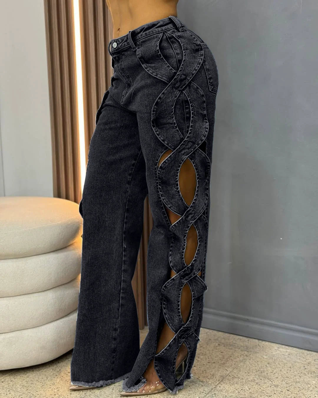 Women Streetwear Cutout Hollow Out Criss Cross Side Wide Leg Blue Denim Pants 2025 Fashion Sexy Party Jeans Trousers Dark Grey