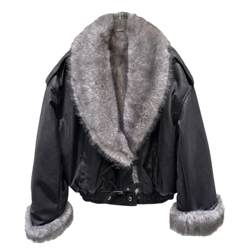 Winter New Fashion Street Style Big Fur Collar PU Leather Jacket For Women Loose With Fur Lining Coat Female 11A07643