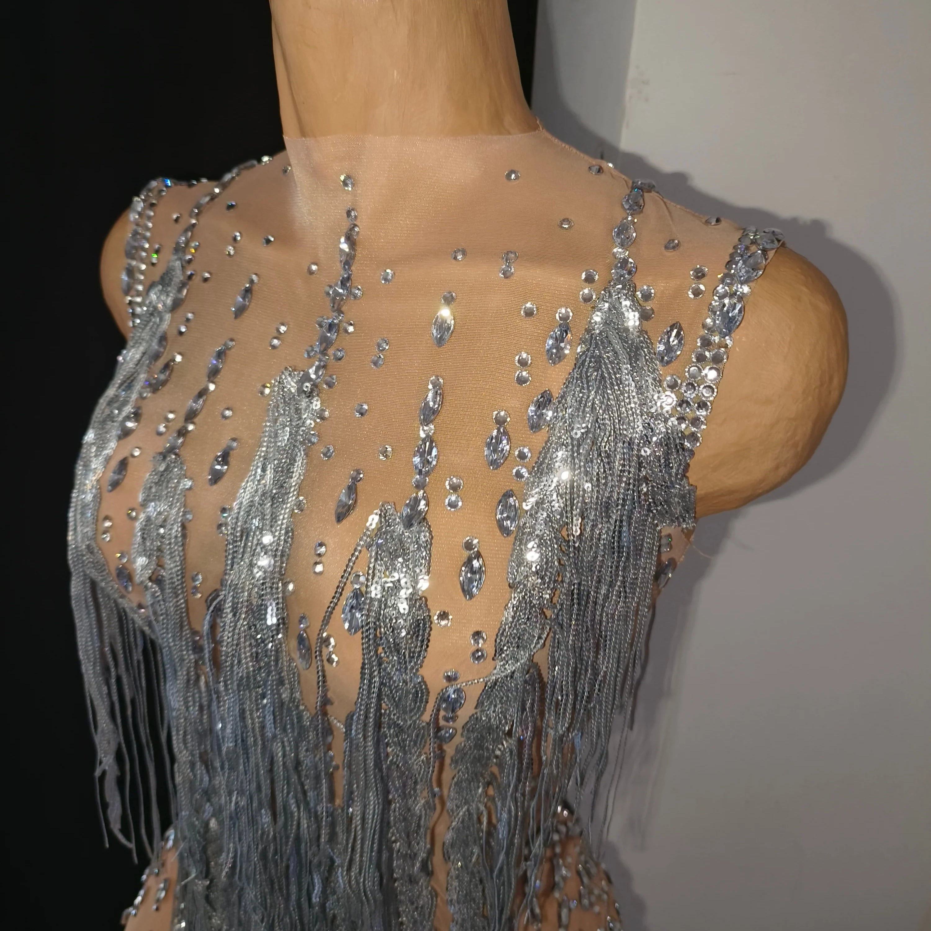 Sparkly Opulent Silver Long Tassel Sheer Mesh Crystal Rhinestone Dress Slim-fit Nightclub Party Clubwear Cocktail Outfit