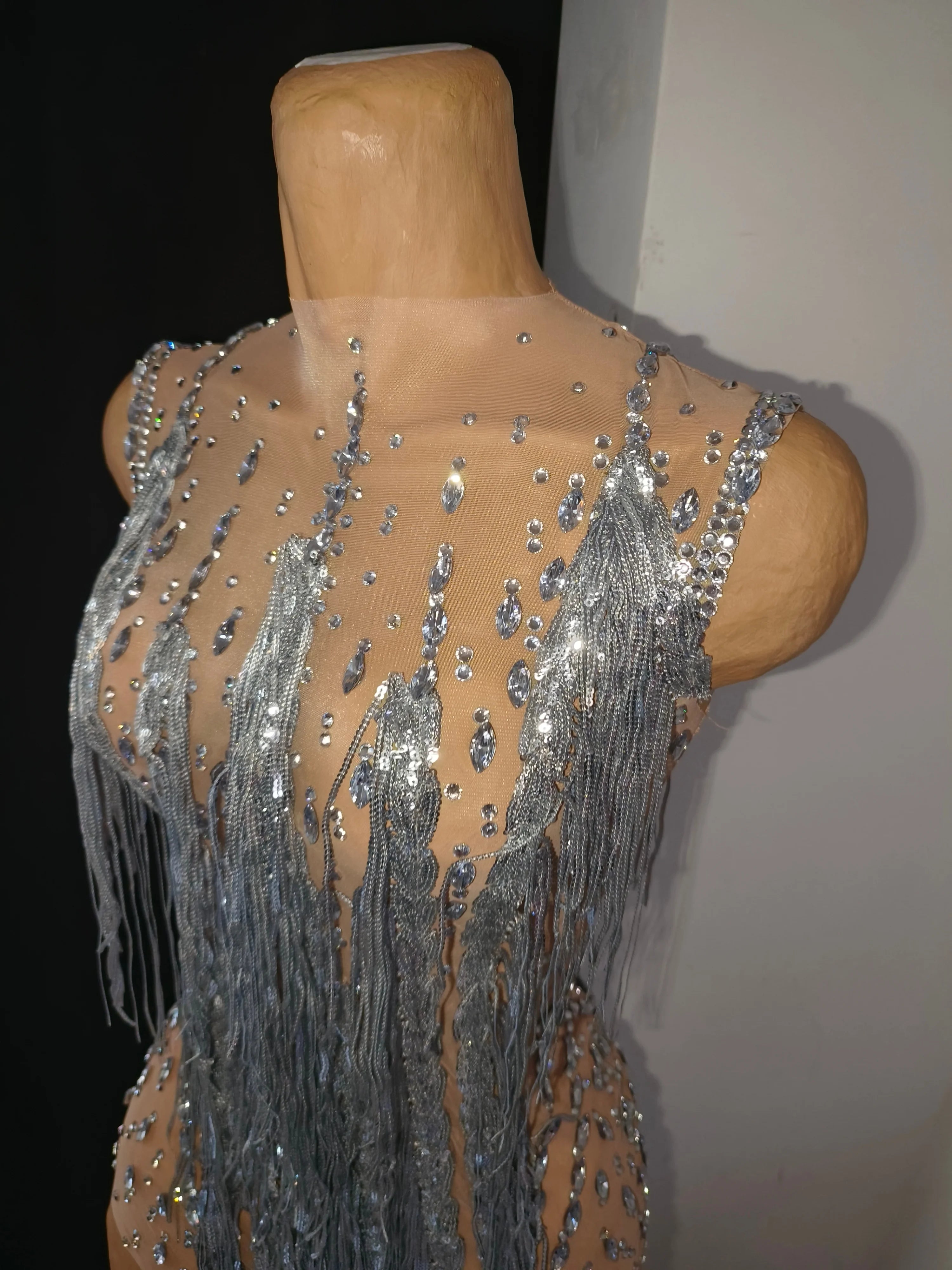 Sparkly Opulent Silver Long Tassel Sheer Mesh Crystal Rhinestone Dress Slim-fit Nightclub Party Clubwear Cocktail Outfit
