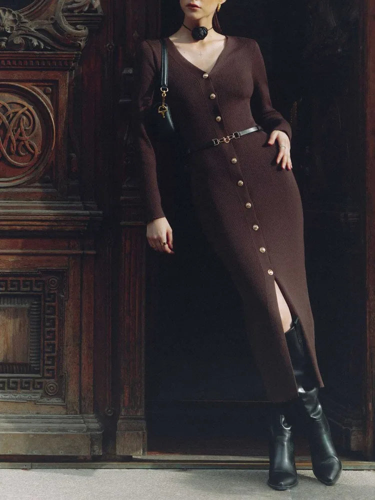 Elegant Long Sleeve Sweater Dress for Women Fashion Single Breasted Knit Maxi Dress Autumn Winter Slit Evening Party Dress 2024