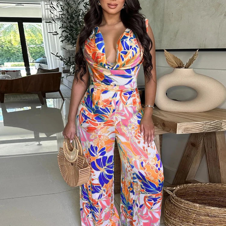 CM.YAYA Leaf Printed Women Wide Leg Pile Neck Sleeveless Satin Jumpsuits 2025 Summer Beach Club Playsuit One Piece Suit Romper