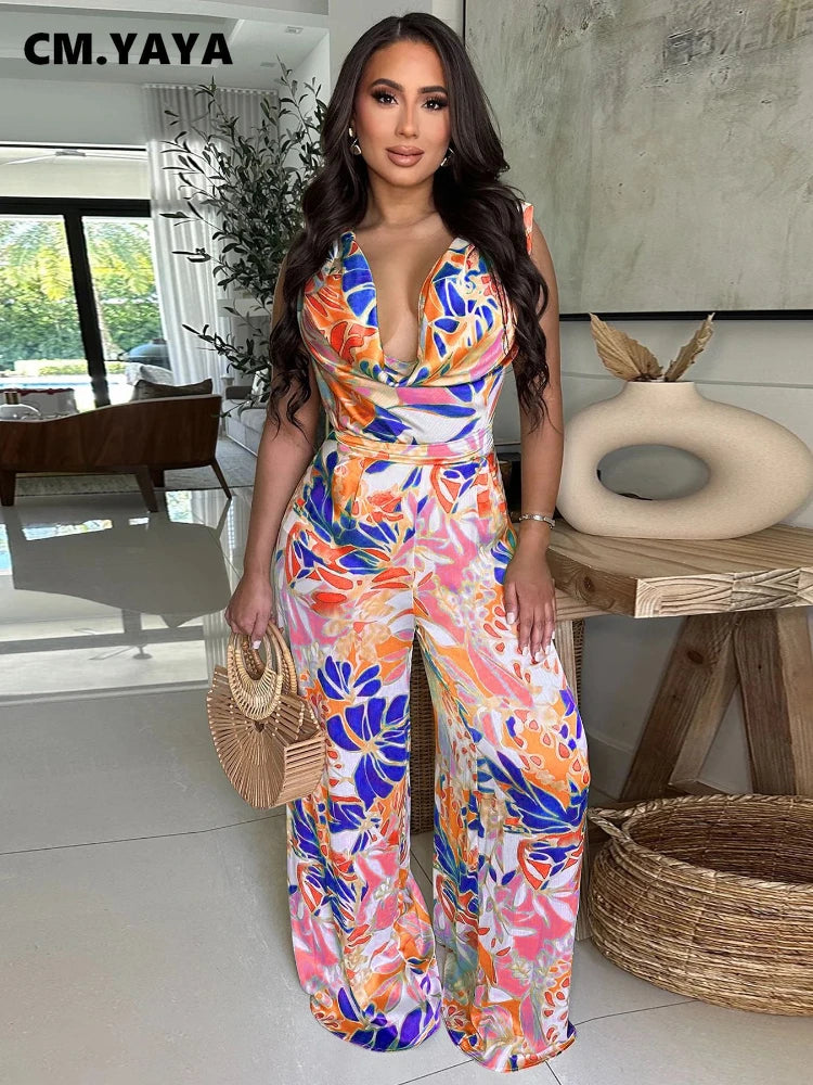 Leaf Printed Women Wide Leg Pile Neck Sleeveless Satin Jumpsuits 2025 Summer Beach Club Playsuit One Piece Suit Romper
