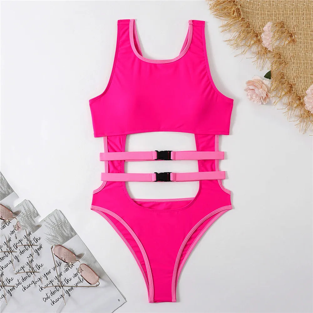 Sexy Rose Red Cut Out Monokini Swimsuit One Piece Swimwear Woman Bandage Bathers High Cut Bathing Swimming Suit for Women rose red