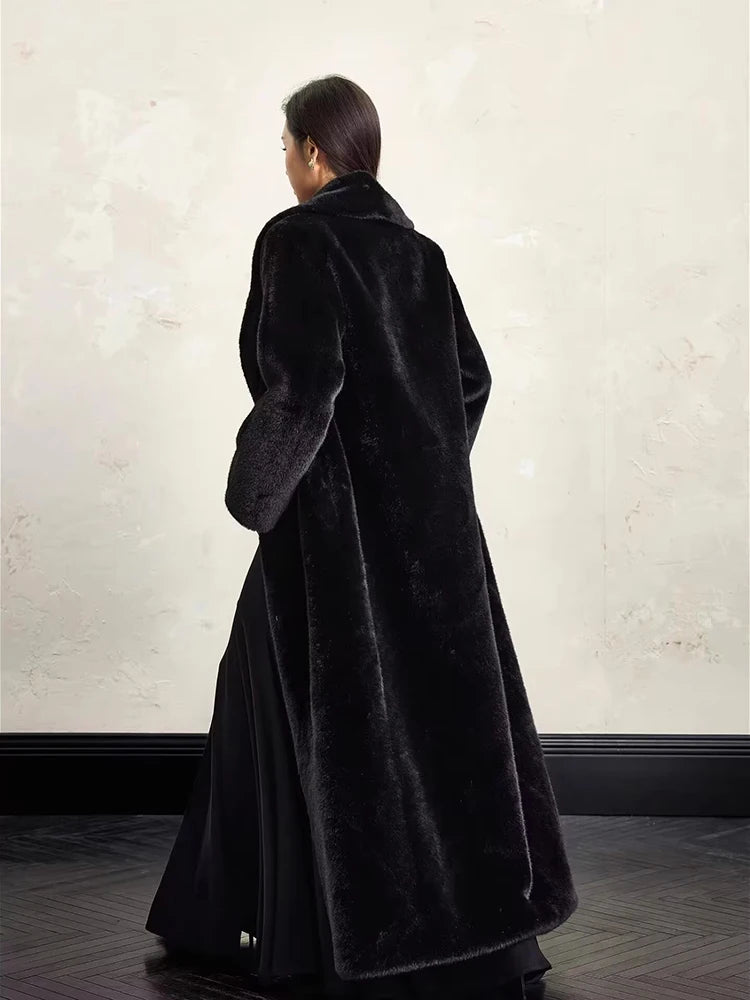 Lautaro Winter Extra Long Elegant Luxury Chic Thick Warm Soft Black Fluffy Faux Fur Coat Women Shawl Collar Furry Overcoat 2025