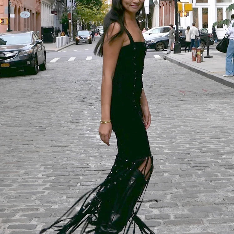 Black Diamond Tassel Spaghetti Straps Long Dress Backless Sleeveless Fringed Patchwork Bodycon Evening Party Gowns