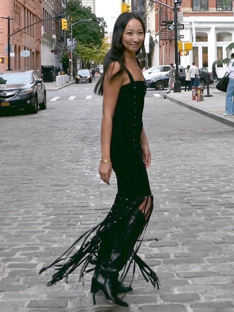 Black Diamond Tassel Spaghetti Straps Long Dress Backless Sleeveless Fringed Patchwork Bodycon Evening Party Gowns