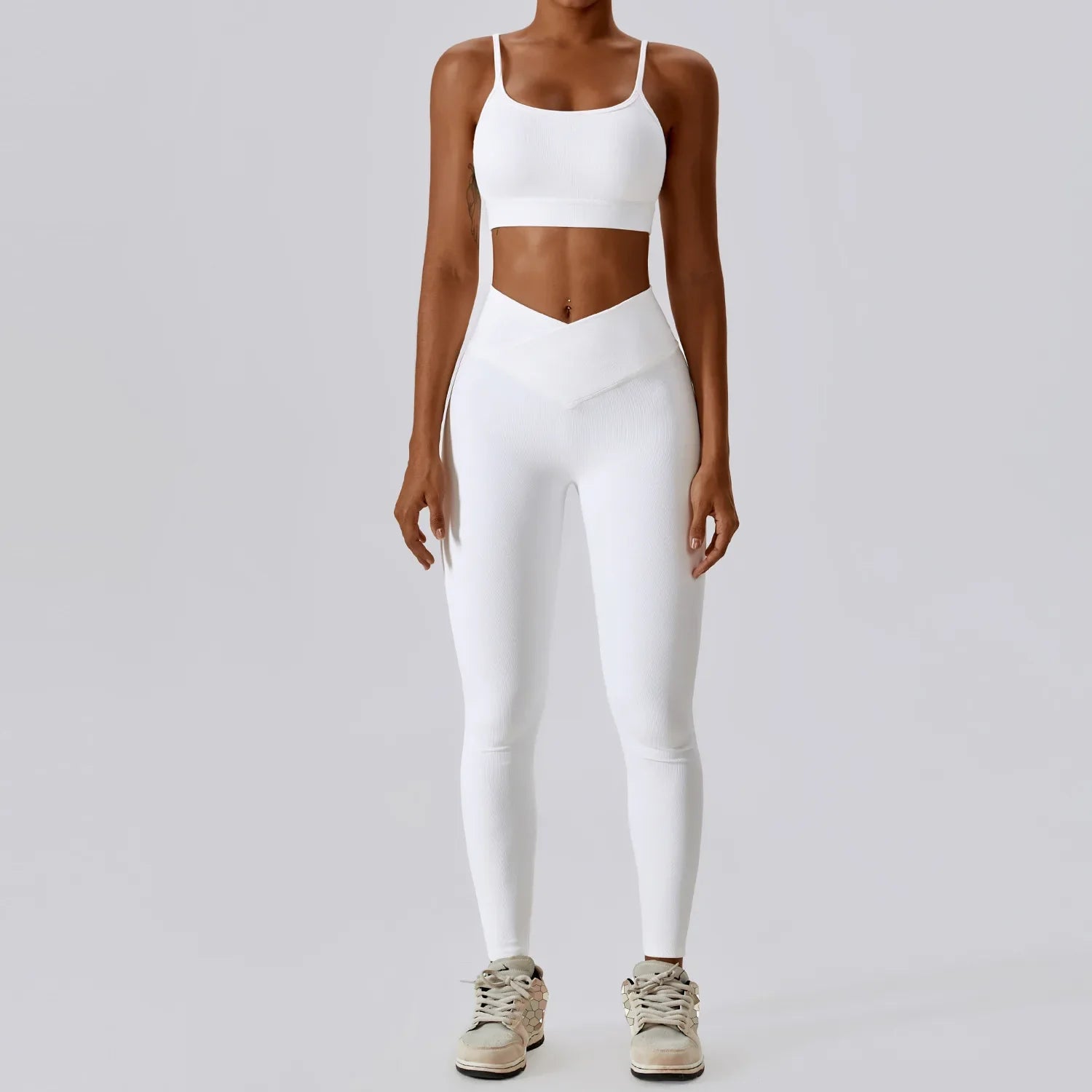 2PCS Seamless Yoga Set Gym Clothes Sportswear Yoga Suits For Women Fitness Rib Tracksuits Sports Bra Gym Leggings Sports Suits Swan White Set-2