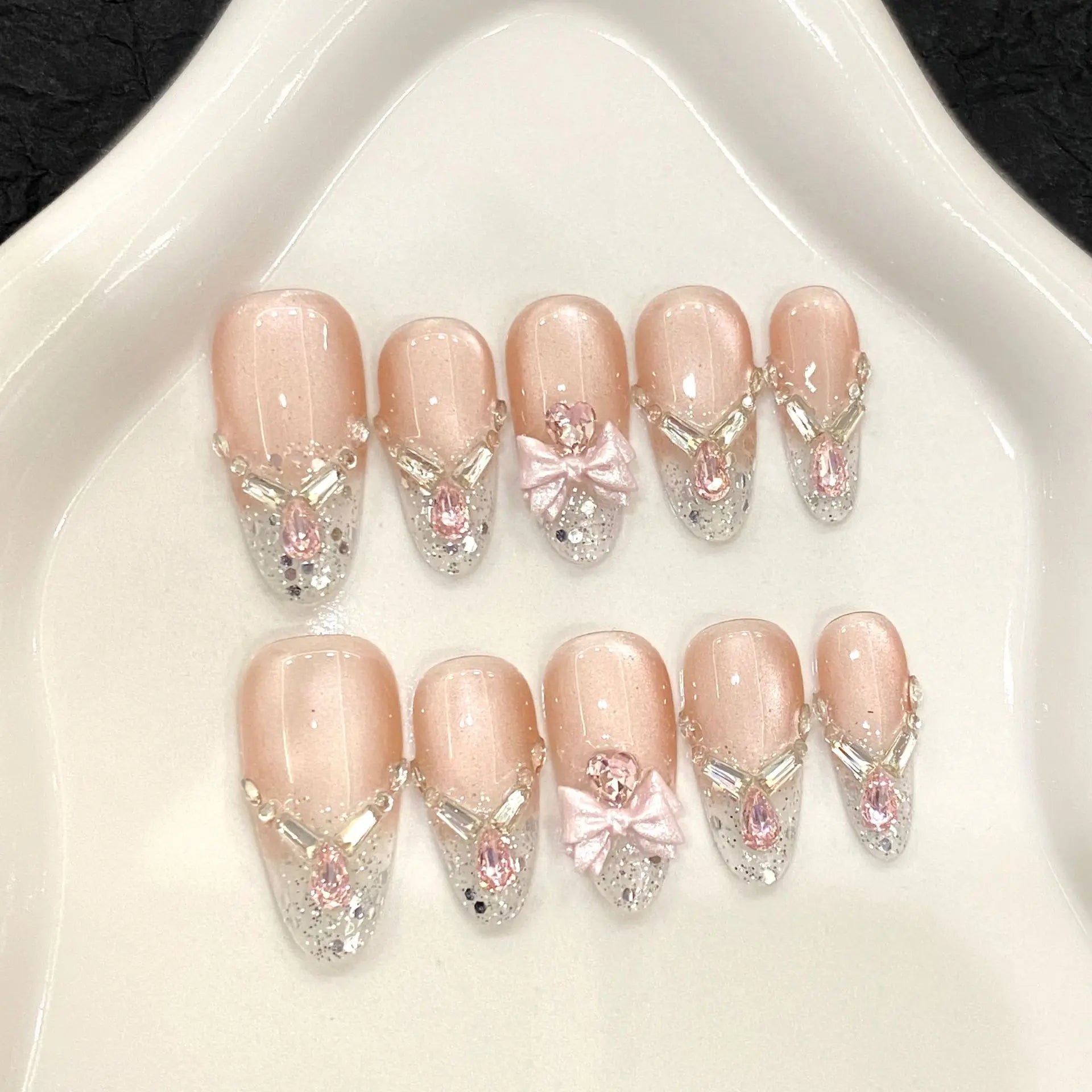 10Pcs Long Almond Oval Butterfly Diamond False Nails Full Cover Pink Bow Pearl Rhinestone Chain Decoration French Manicure Nails