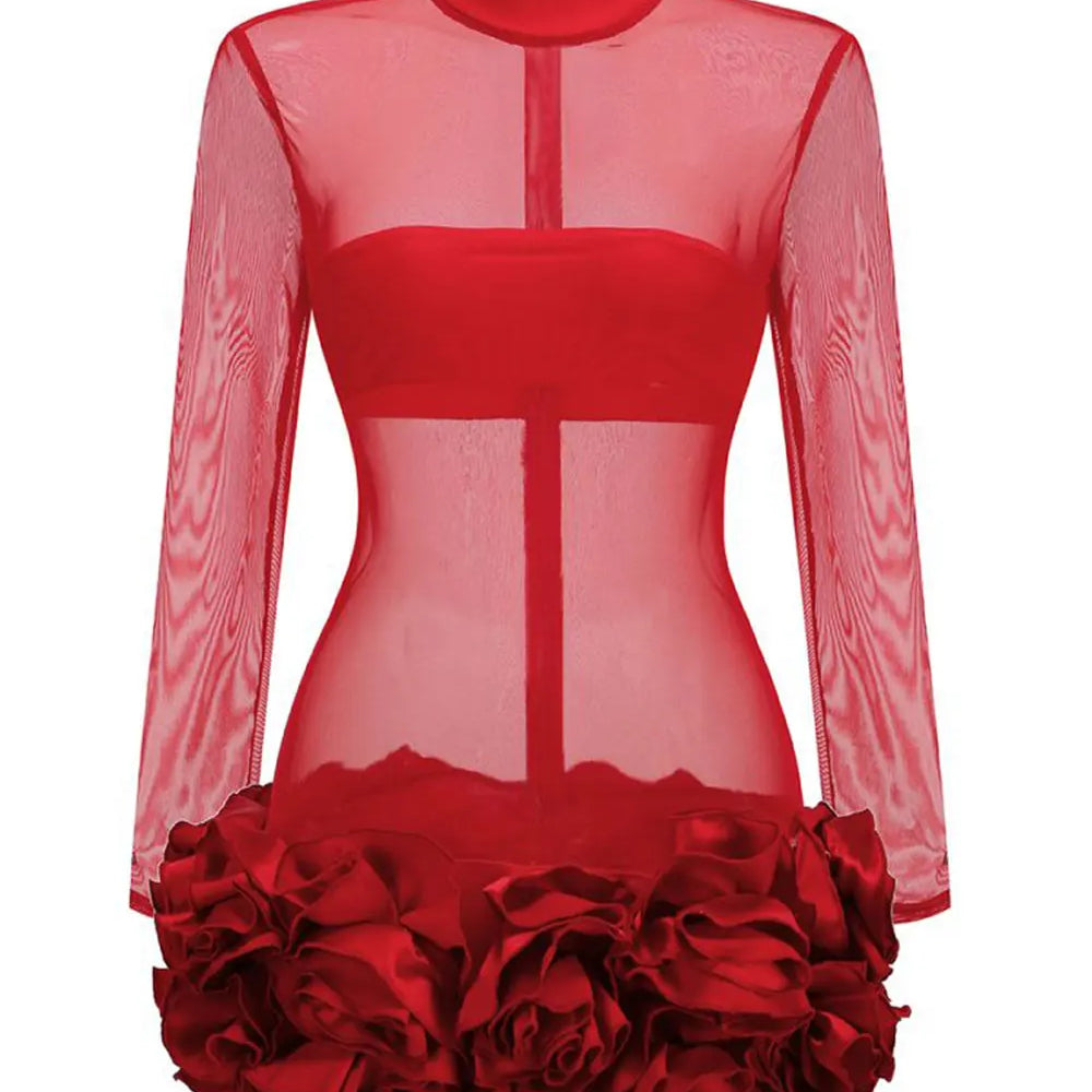 2024 Sexy Women's Perspective Mesh Mini Dress Stand Collar Long Sleeve Bodycon 3D Flower Decoration Dress Evening Party Vestidos