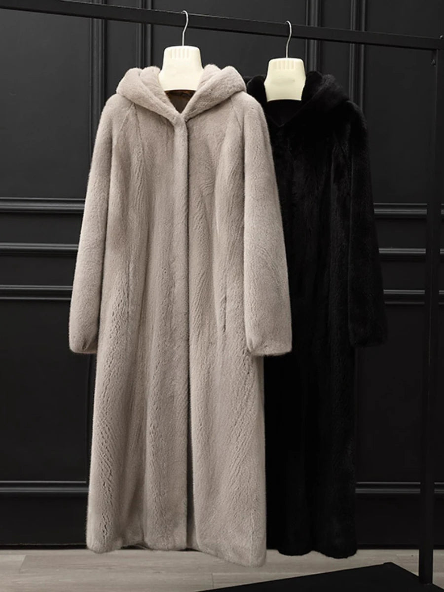 Lautaro Autumn Winter Long Luxury Elegant Thick Warm Fluffy Soft Faux Mink Fur Coat Women with Hood Black Furry Overcoat 2025