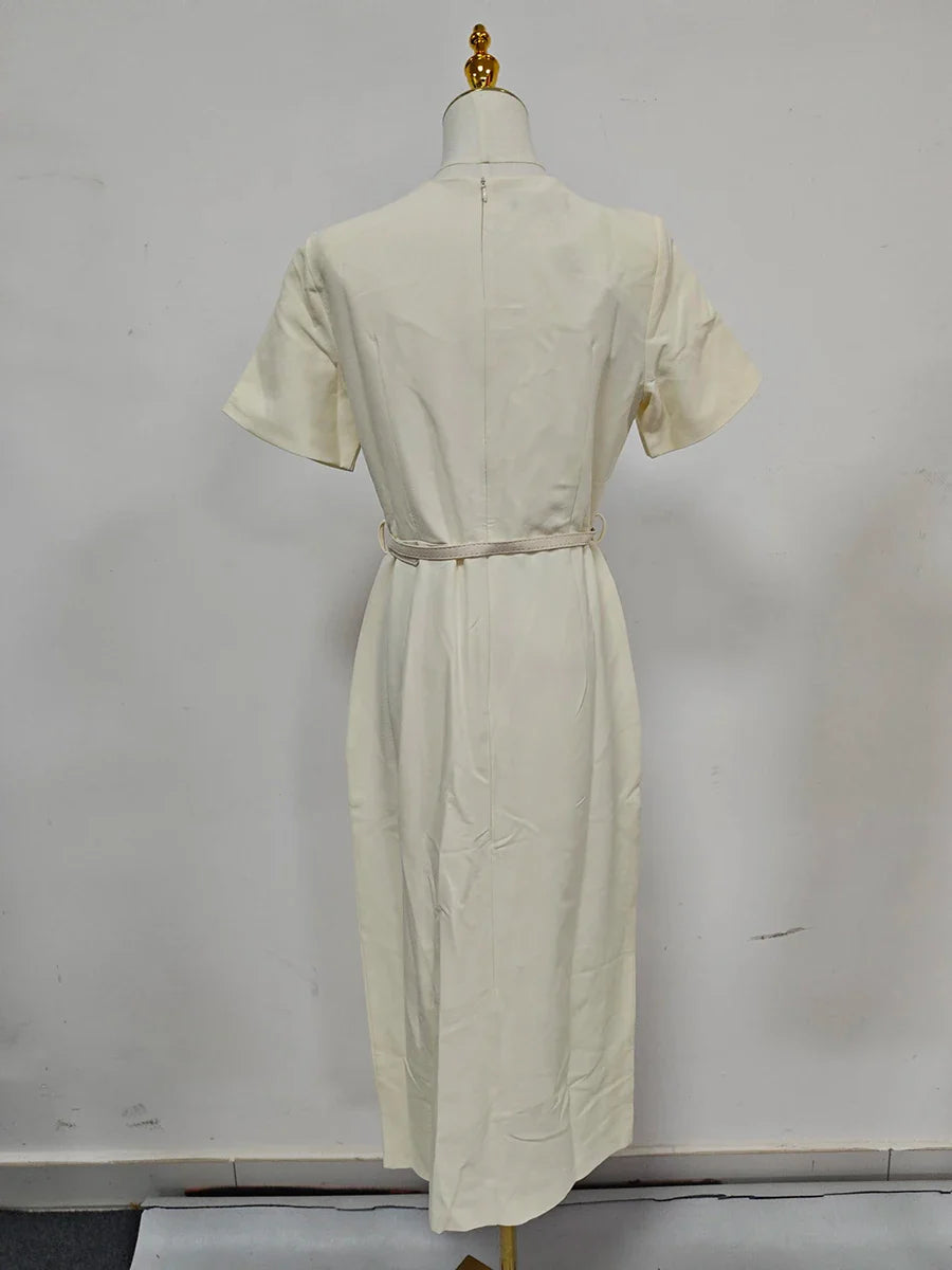 Solid Slimming Spliced Single Breasted Elegant Dresses for Women Square Neck Short Sleeves Split Dress Female New