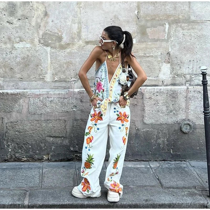 Beach Print Tank Top Pants Sets Women Fashion Halter Backless Sleeveless Vest Wide Leg Zipper Pants 2 Pieces Set Female 2024 suit