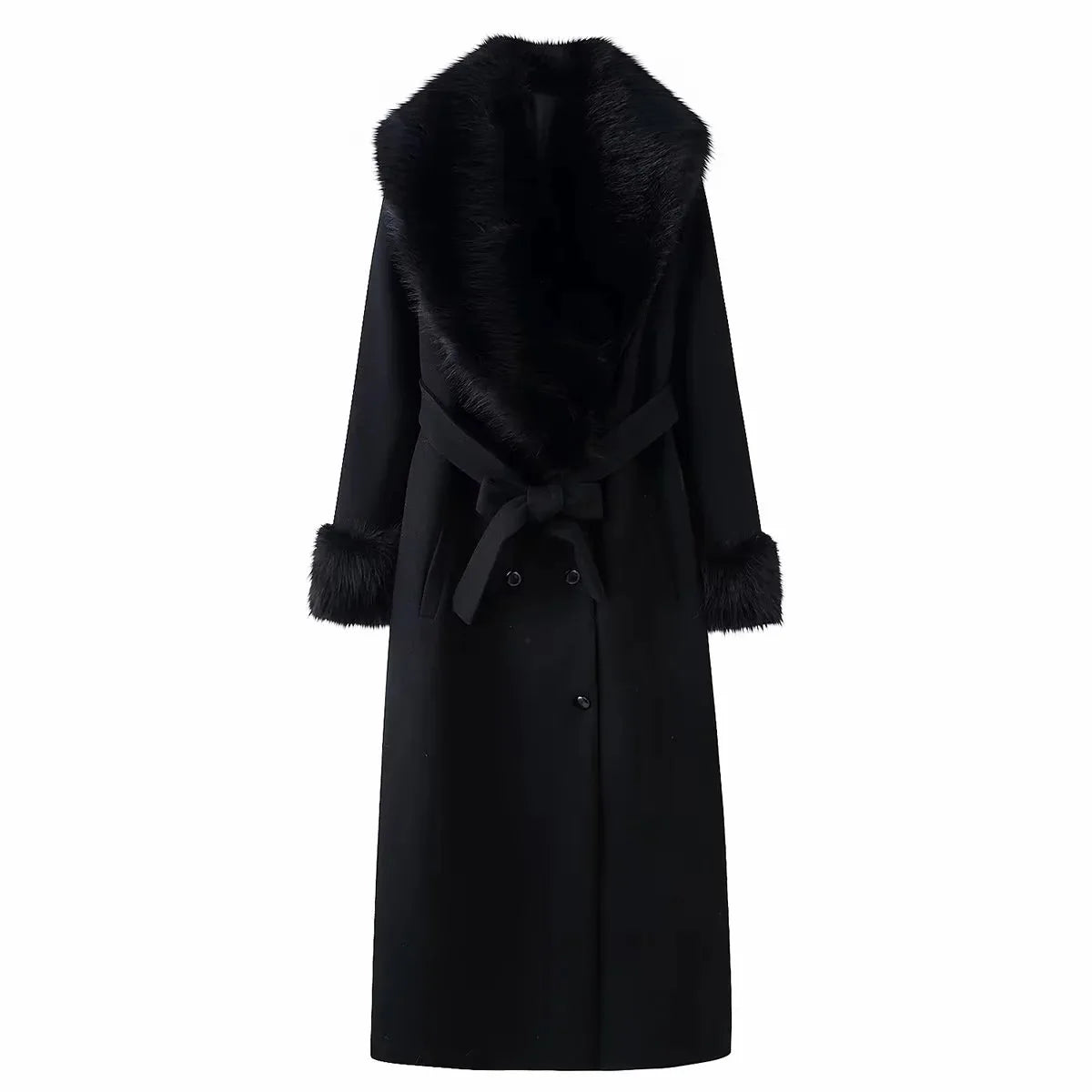 Women New Slim Black Faux Fur Woolen Patchwork Women Long Coat Chic Belt Full Sleeve Button Female Outwea Coats A