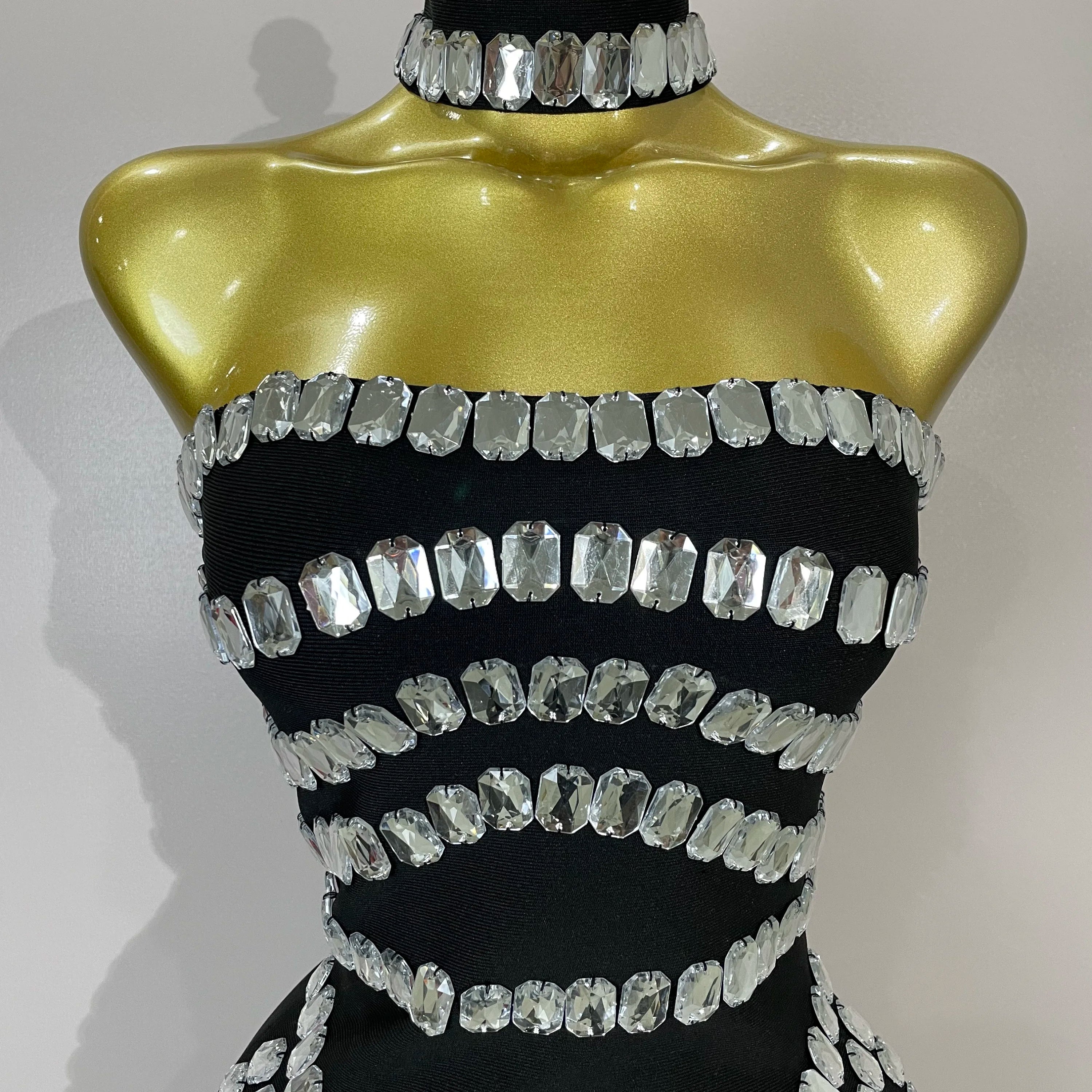 2025 Women Sexy Backless Strapless Black Beading Long Bandage Bodycon Dress Celebrity Elegant Evening Luxury Birthday Dresses