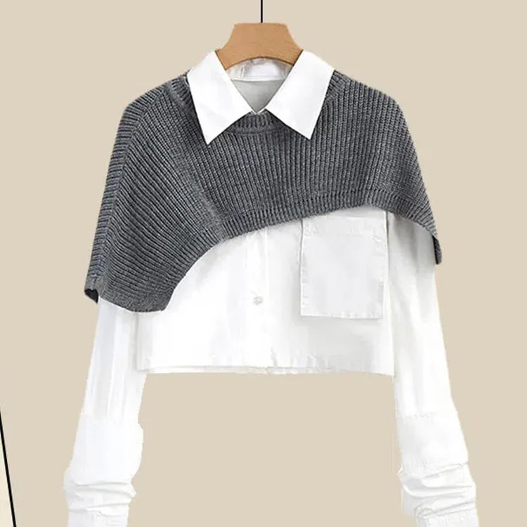 Spring Autumn Large Size Women's Shawl Shirt Three-piece Set+High Waist Knitting Half-body Skirt Set Women Fashion 3 Piece Set