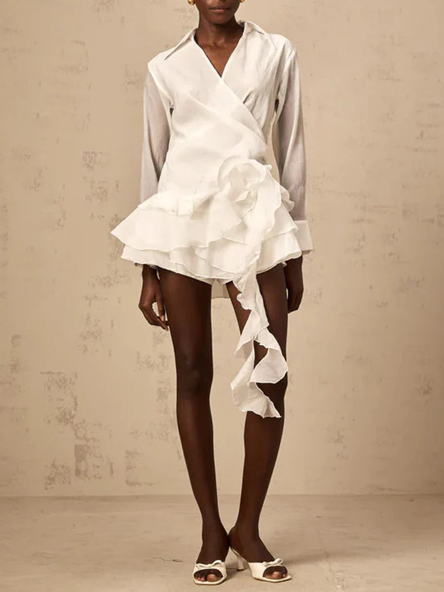 Solid Mini Temperament Mini Dresses for Women V Neck Long Sleeves Patchwork 3D Flower Mini Dress Female Clothing