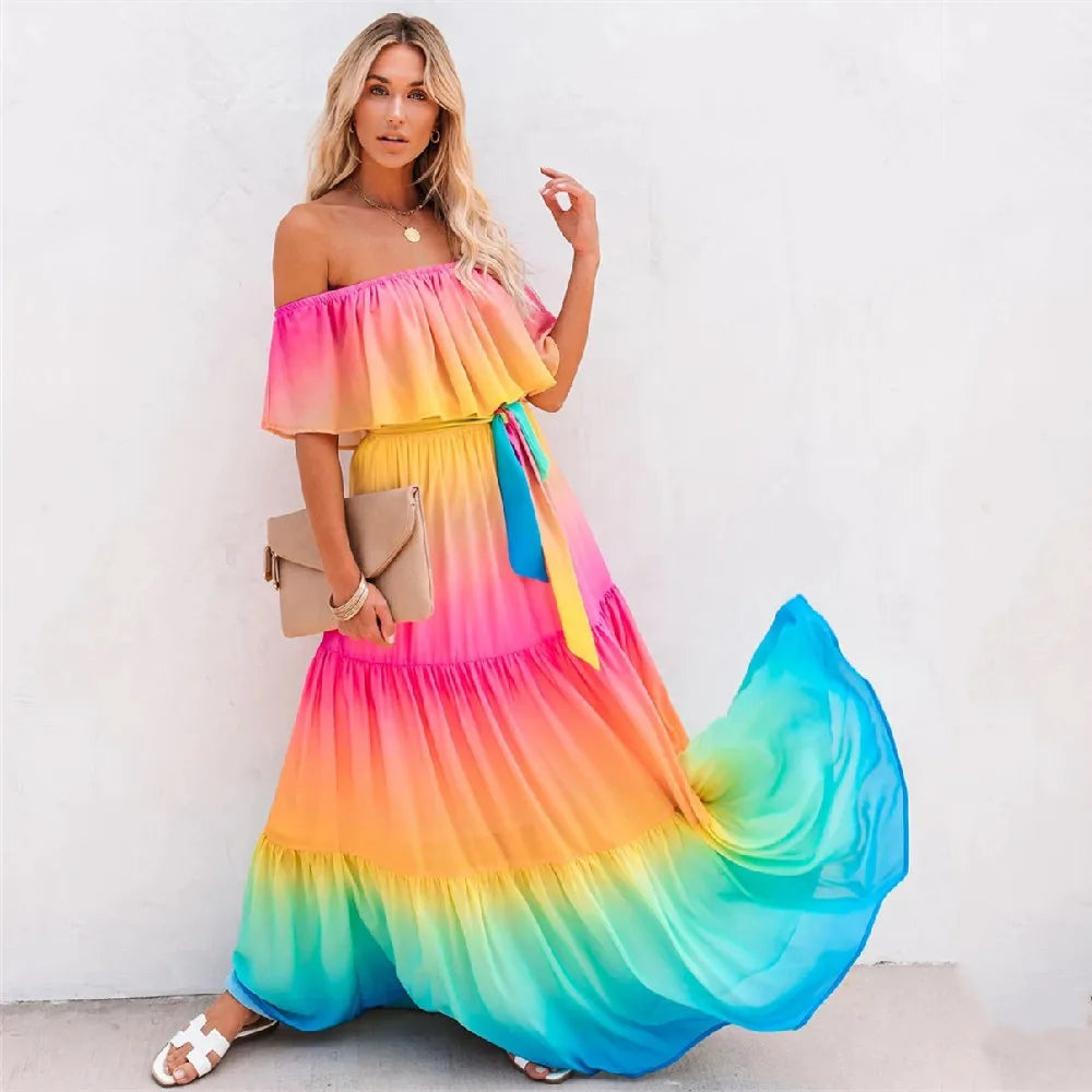 Multicolored Bohemian Ruffled Off Shoulder Self Belted Party Dress Cotton Tunic Women Boho Maxi Dresses Vestidos A324 MULTI