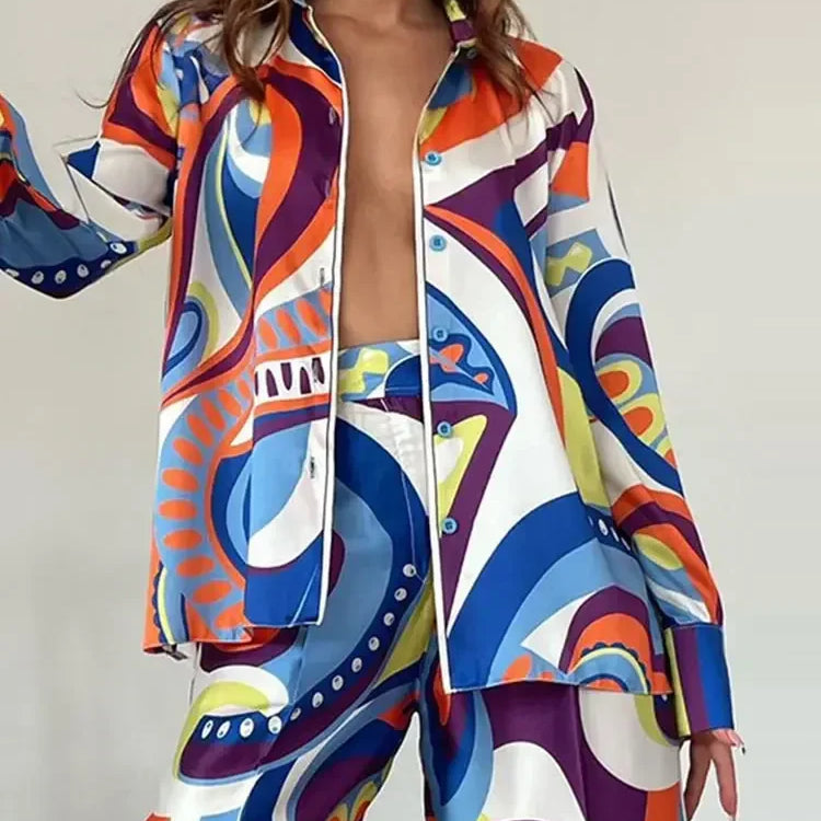 QNPQYX Fashion Printed Long Sleeve Shirt 2 Piece Set Women Loose Turndown Collar Tops Suits Female Casual Straight Pants Outfis