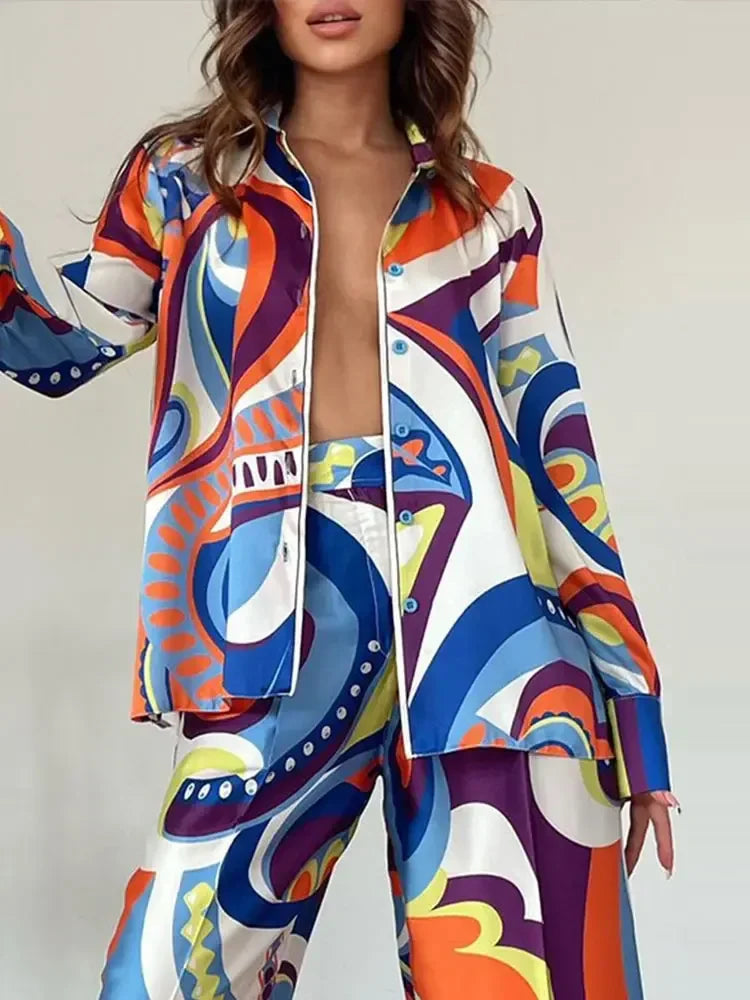 QNPQYX Fashion Printed Long Sleeve Shirt 2 Piece Set Women Loose Turndown Collar Tops Suits Female Casual Straight Pants Outfis