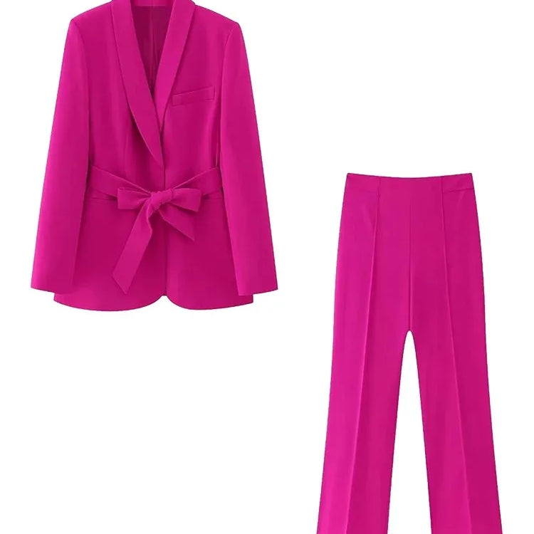 TRAFZA Women's Casual Blazer Chic Outerwear Elegant Flared Trousers Long Sleeve V-Neck Belted Office Commuter Suit Set Rose Set-O58
