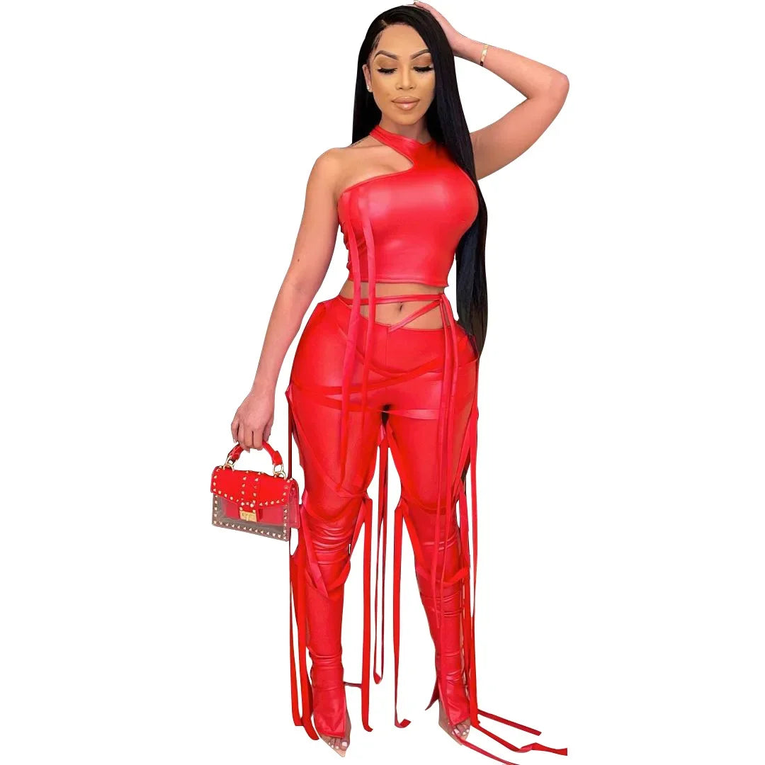 Faux Leather Women's Set Drawstring Lace Up Slit Leggings Pants Suit and Crop Top Street Tracksuit Two Piece Set Outfit Red