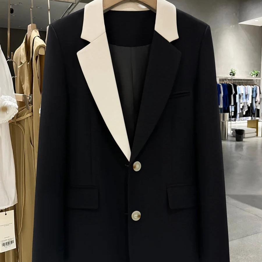 LANMREM Patchwork Design Niche Blazer For Women Color Block Single Breasted Office Lady Fashion Coat Clothing New 2DA5205 Black