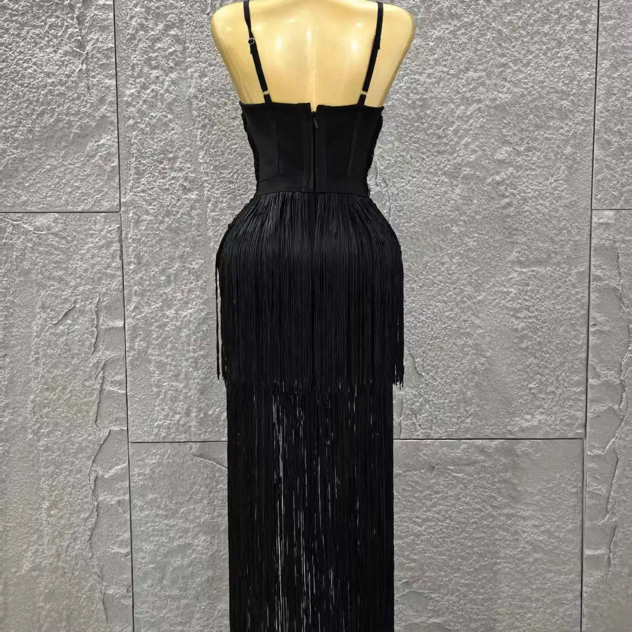 Black Color Women Sleeveless Sexy V-Neck Tassels Bodycon Long Bandage Dress Celebrate Evening Party Cocktail Outfit Vestido