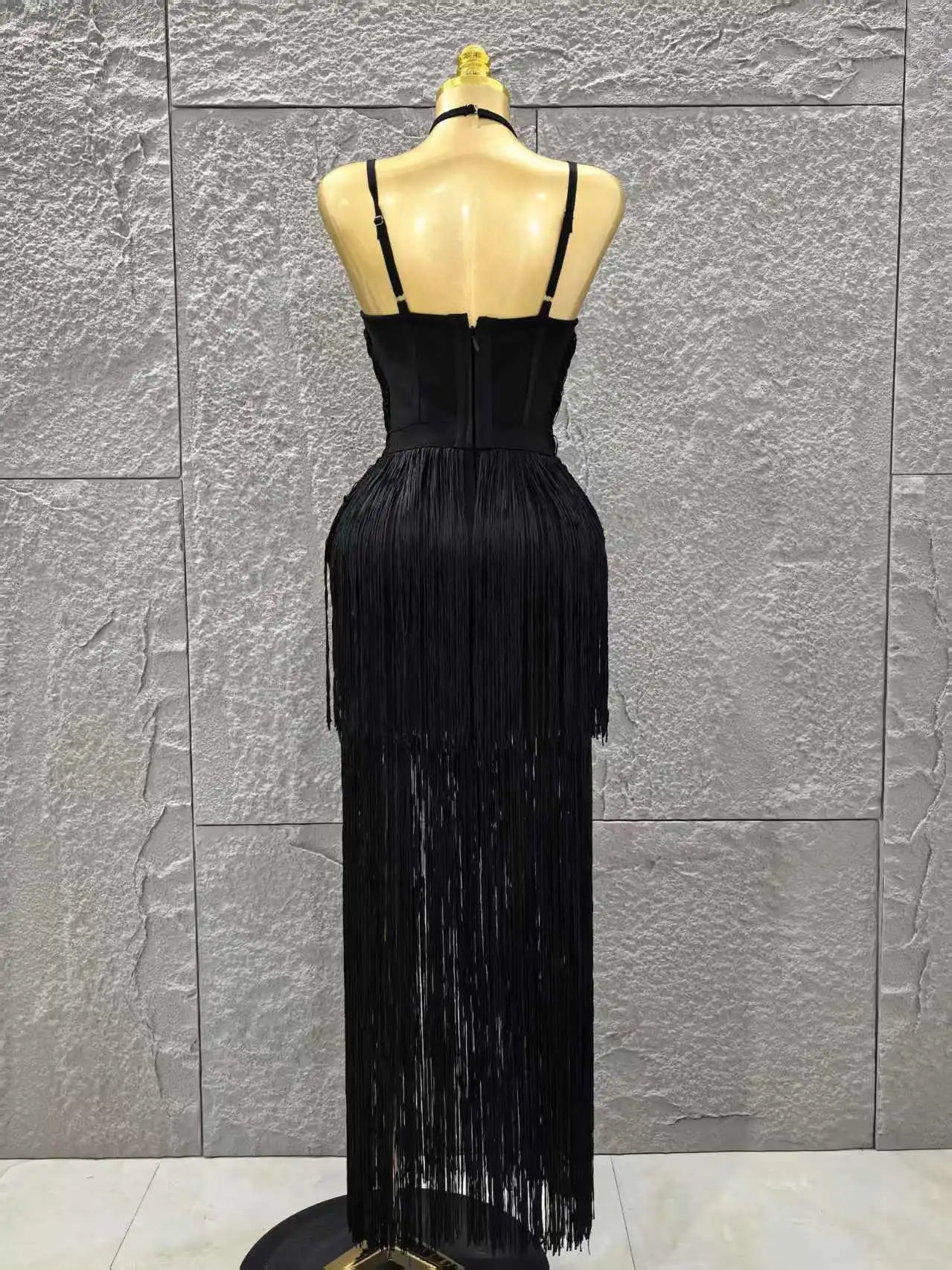 Black Color Women Sleeveless Sexy V-Neck Tassels Bodycon Long Bandage Dress Celebrate Evening Party Cocktail Outfit Vestido