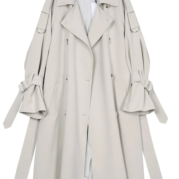 Lautaro Spring Autumn Long Soft Flowy Trench Coat for Women Sashes Raglan Sleeve Double Breasted Loose Casual Korean Fashion Beige