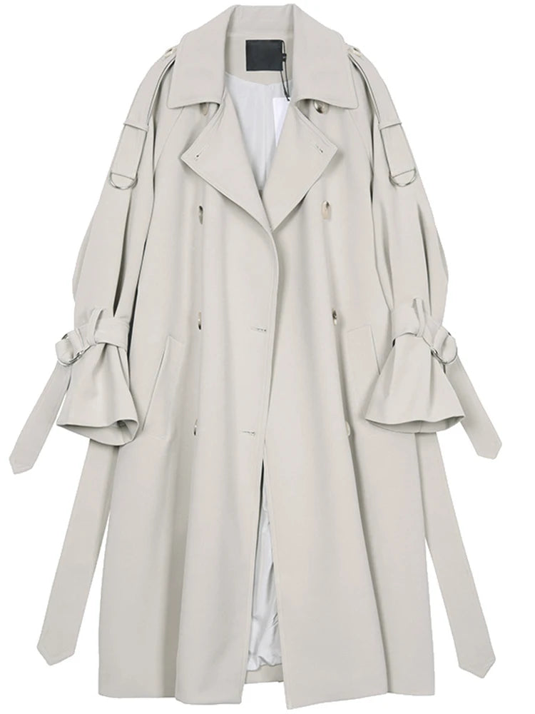 Lautaro Spring Autumn Long Soft Flowy Trench Coat for Women Sashes Raglan Sleeve Double Breasted Loose Casual Korean Fashion Beige