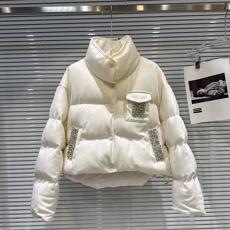 Winter New Fashion Heavy Industry Rhinestone Beaded Stand Collar Warm Jacket For Women Cotton-padded Coat 11A07467 Milky White One Size