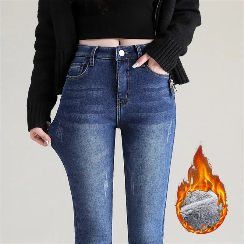 Women Thermal Jeans Winter Snow Warm Plush Stretch Jeans Lady Skinny Thicken Students Denim Pants Fleece Mom Fur Trousers Blue 1