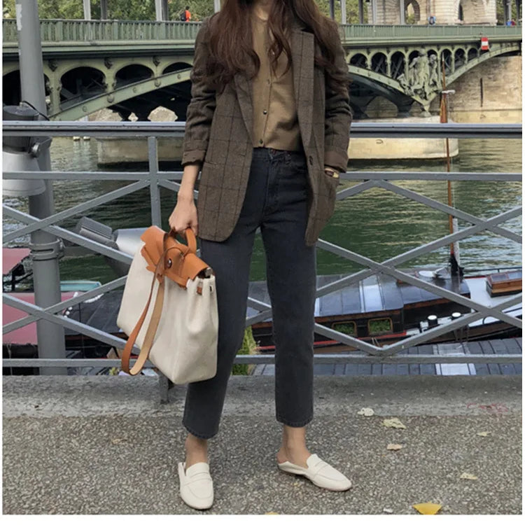 Spring Autumn Summer Plaid Blazer Women Jacket 2023 New Korean Style Slim Long Sleeve Casual Fashion Business Suit Coats Woman