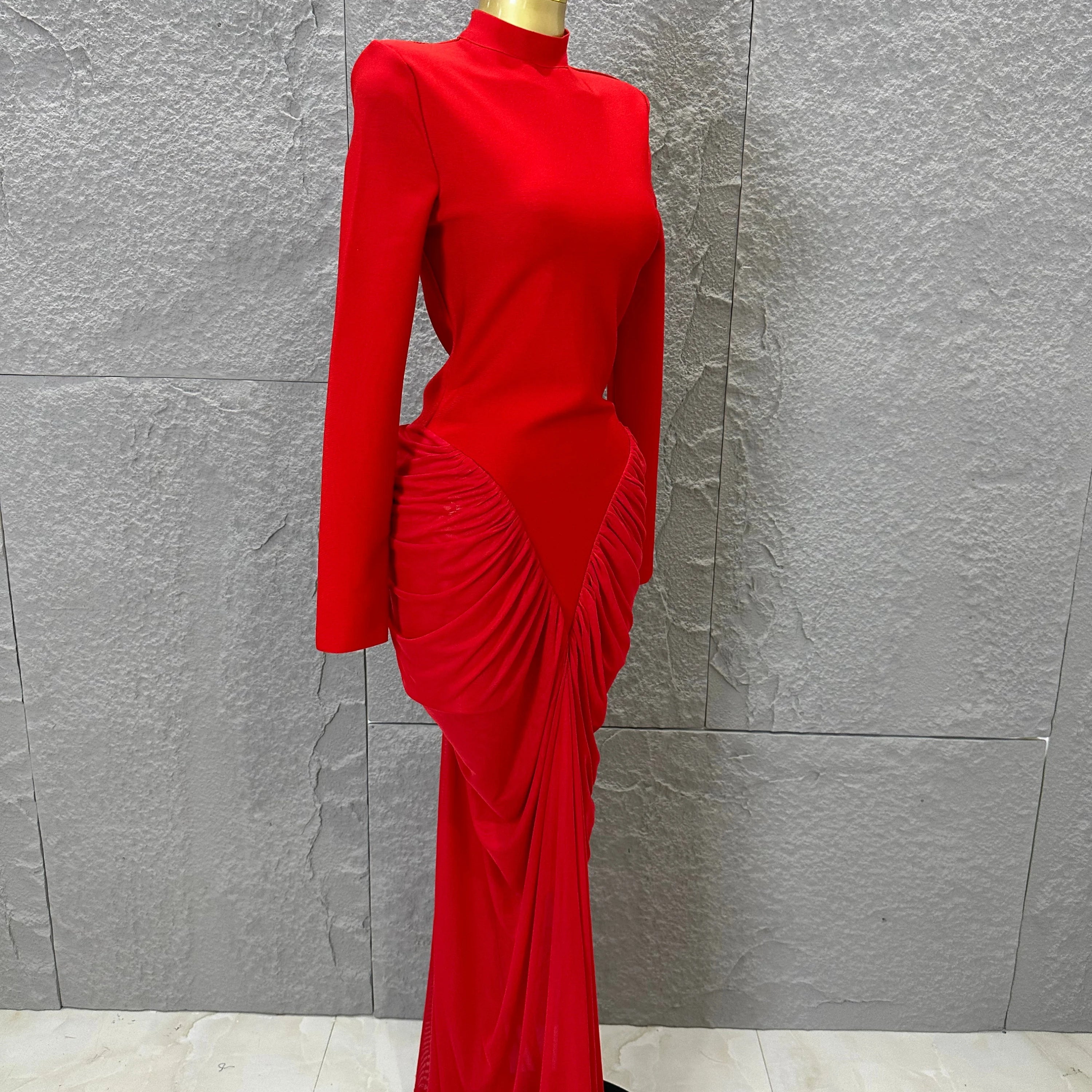 Glamorous Red Long Sleeve Maxi Dress Women High Neck Ruched Draped Bodycon Nightclub Outfit Cocktail Party Costume