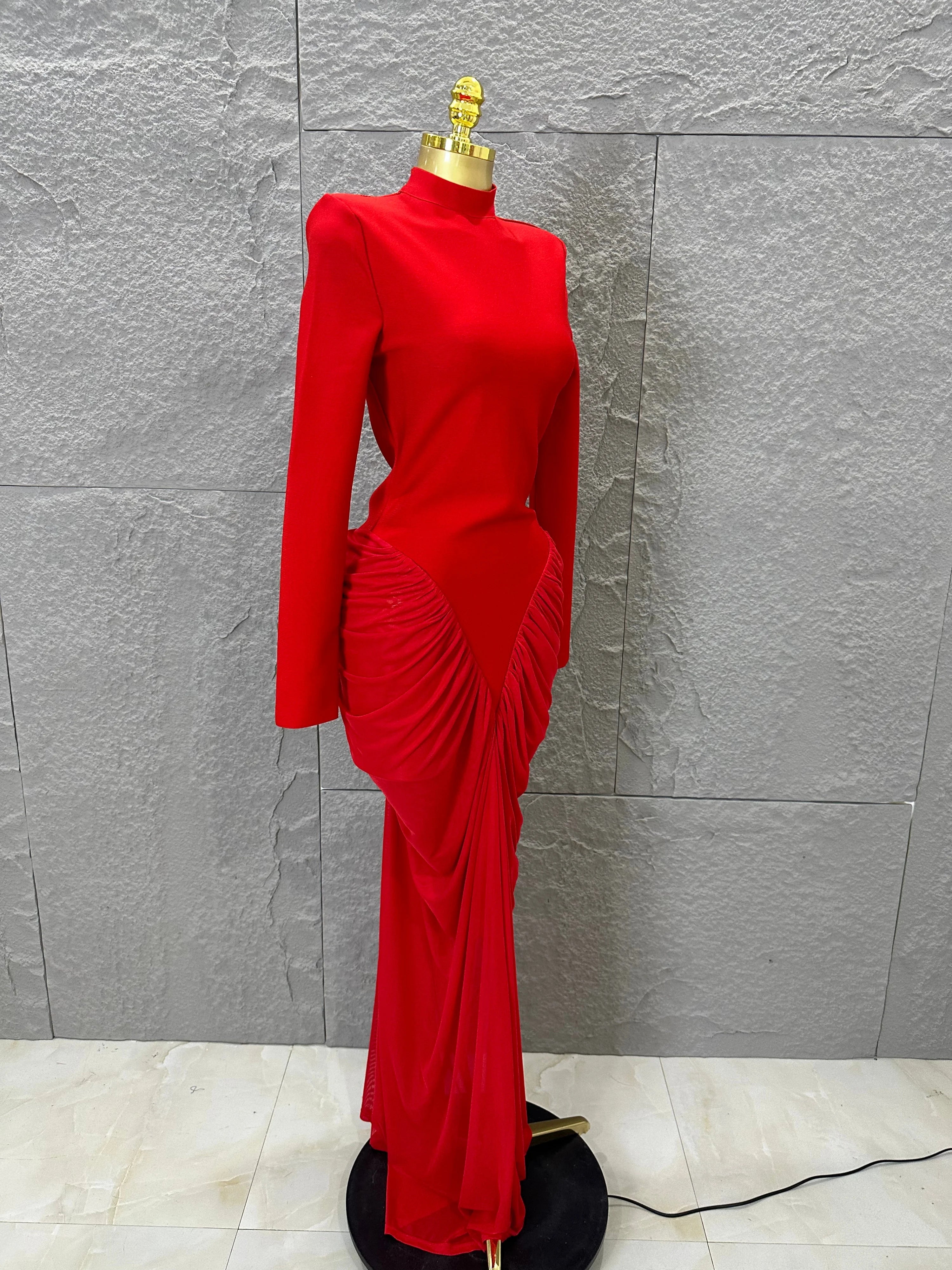 Glamorous Red Long Sleeve Maxi Dress Women High Neck Ruched Draped Bodycon Nightclub Outfit Cocktail Party Costume