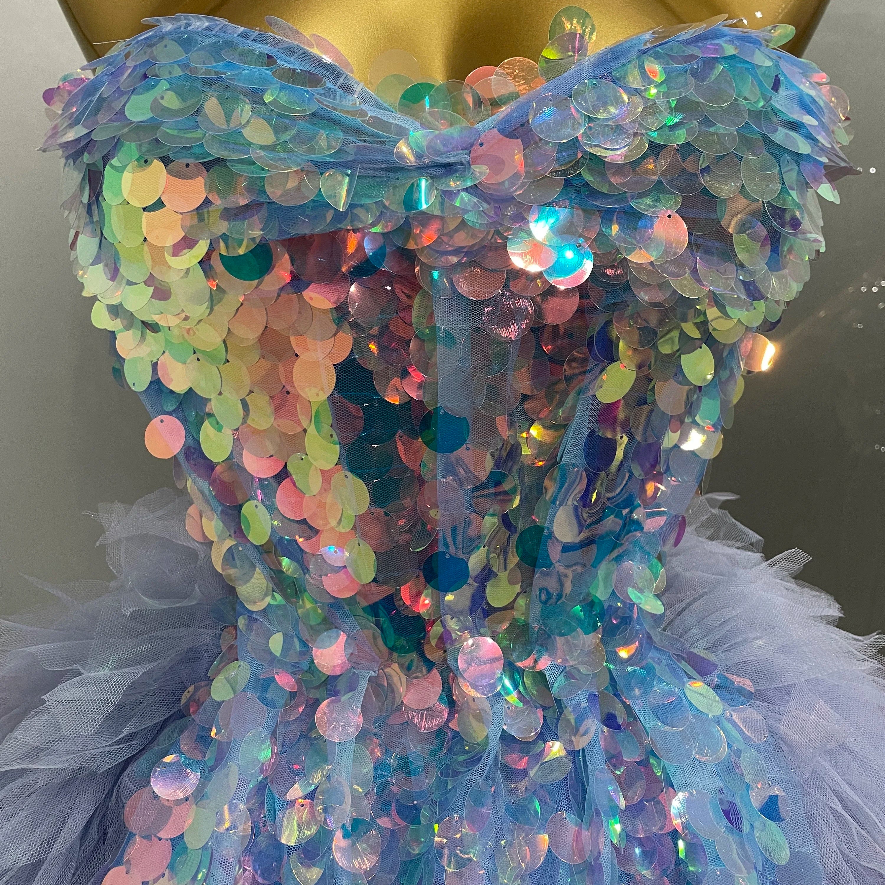 2025 New Stage Costume Women's Sparkly Sequin Mesh A Line Top Skirt 2 Pieces Set Nightclub Party Birthday Dress Photo Shoot Wear