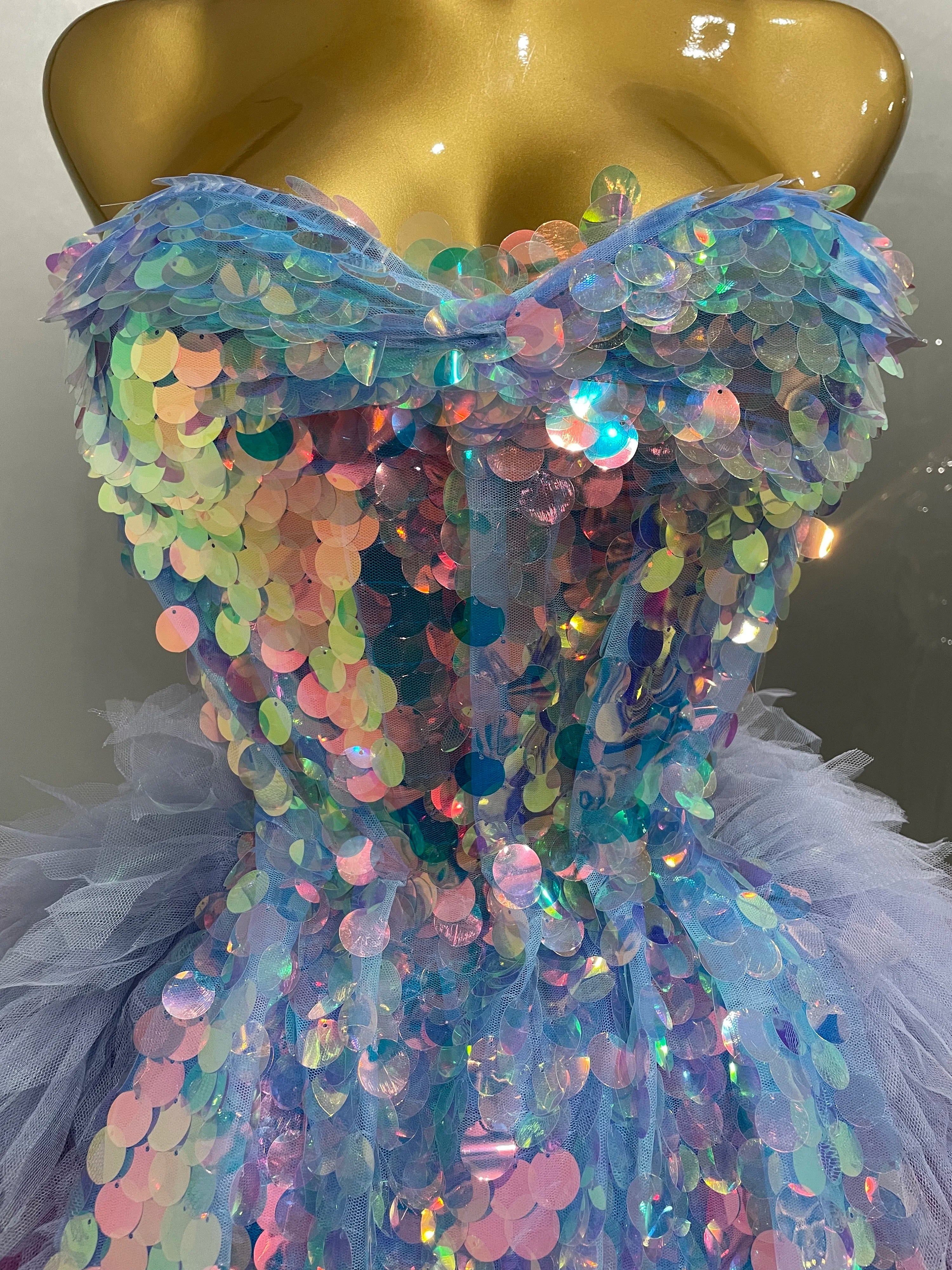 2025 New Stage Costume Women's Sparkly Sequin Mesh A Line Top Skirt 2 Pieces Set Nightclub Party Birthday Dress Photo Shoot Wear