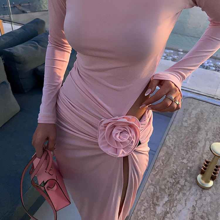 Pink Long Dresses For Women Chic And Elegant Long Sleeve Hollowed Out 3D Flower Pleated High Slit Celebrity Party Gown