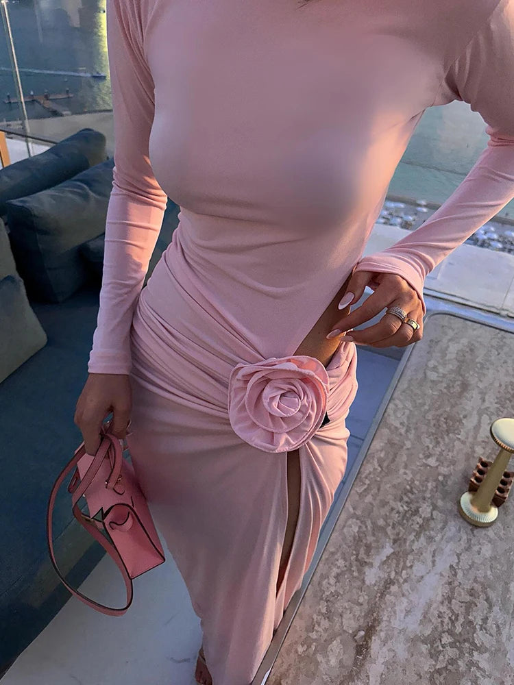 Pink Long Dresses For Women Chic And Elegant Long Sleeve Hollowed Out 3D Flower Pleated High Slit Celebrity Party Gown