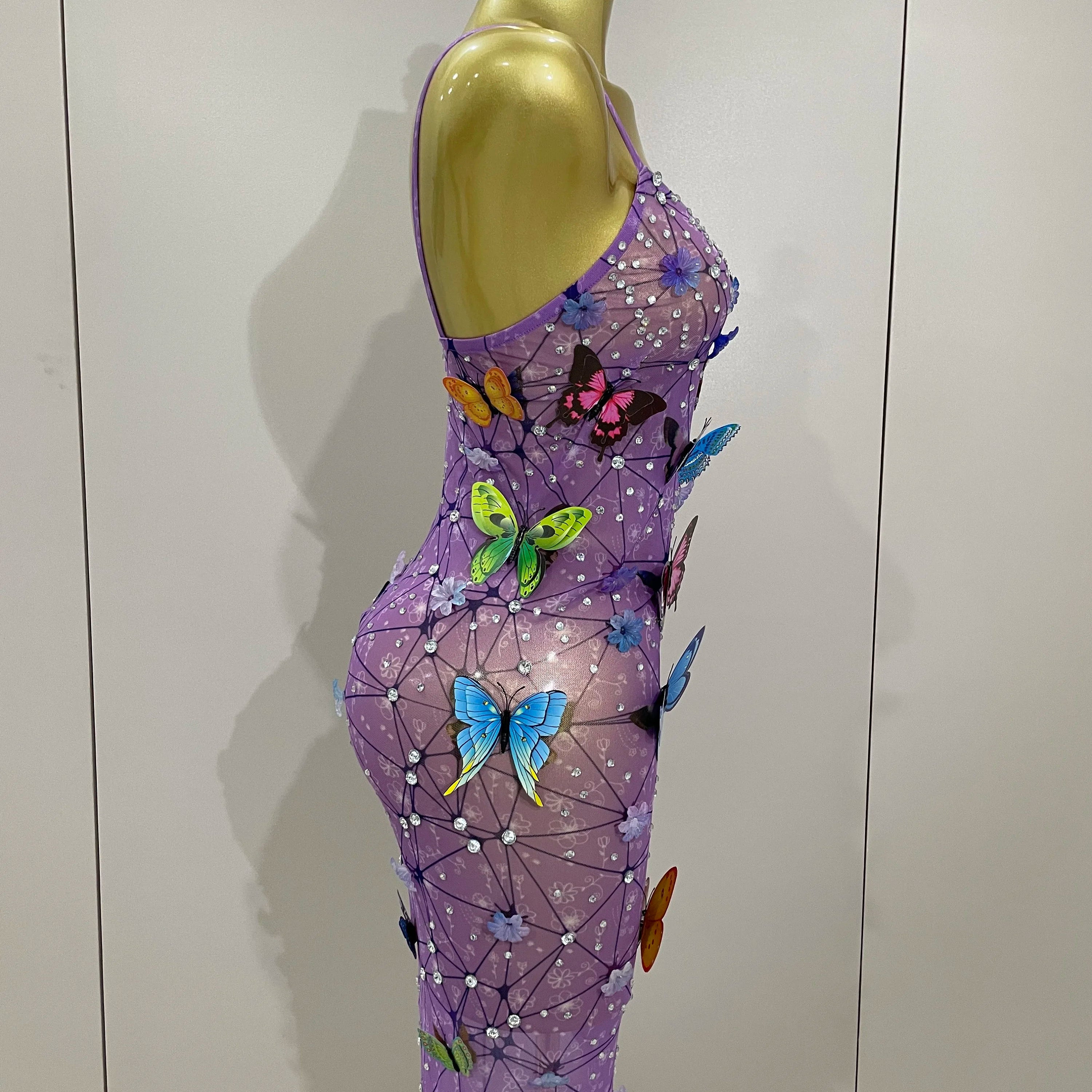 Women Celebrity Luxury Birthday Nightclub Stage Outfit 2025 Sparkly Butterfly Purple Sexy Mesh See Through Dress