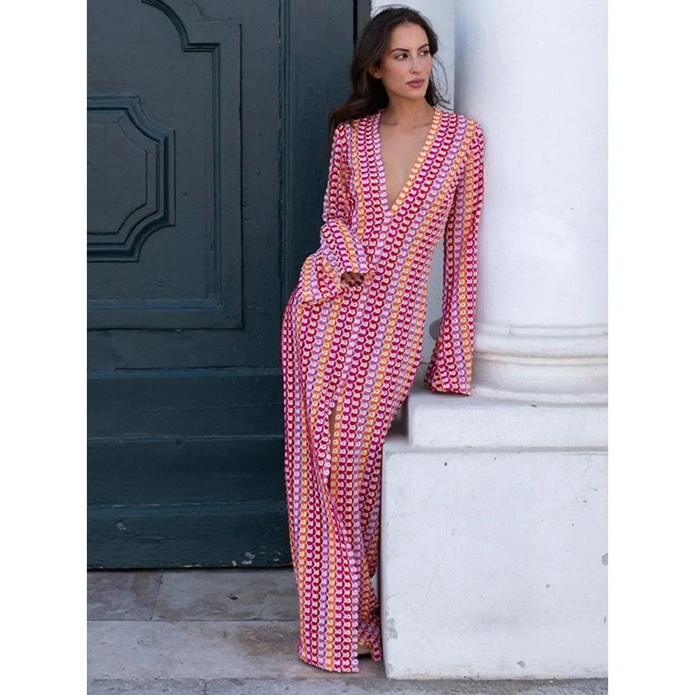 Striped Hooked Crochet Knit Long Dress Women Autumn Long Sleeve A Line Vestidos Female Vintage Commuter Slim Dresses