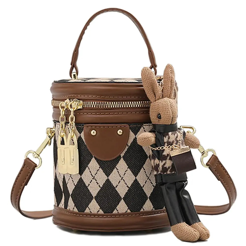 Women's Bag for Women Fashion Luxury Designer Zipper Small Handbags For Women Leather Bucket Shoulder Bag 2023 New Trend Pendant Brown-With Dolls