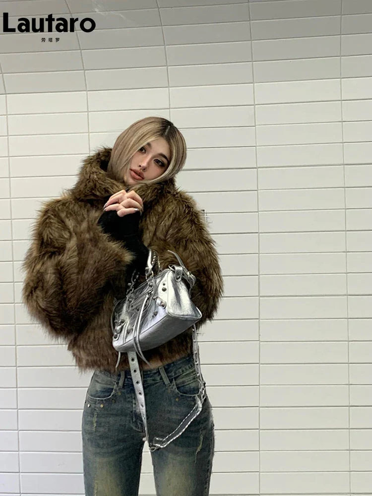 Autumn Winter Chic Luxury Short Soft Thick Warm Hairy Shaggy Faux Fur Coat Women with Hood Zipper Fluffy Jacket 2024