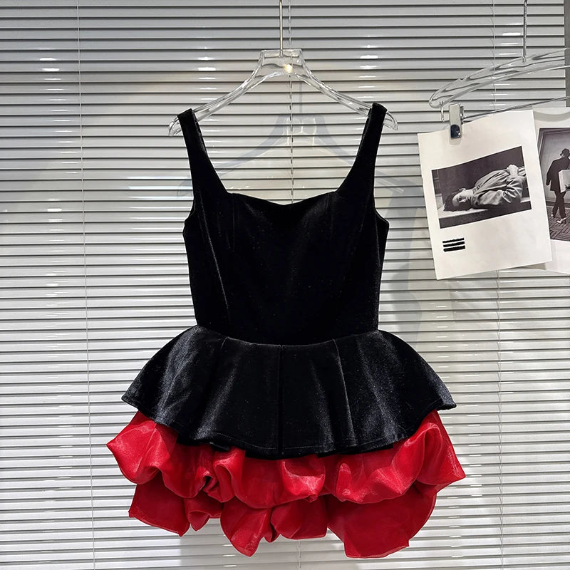 Winter New Fashion Style Velvet Waist-Cinching Contrast Color Hem Puffy Dress For Women Evening Party Dresses 11A07831 Black