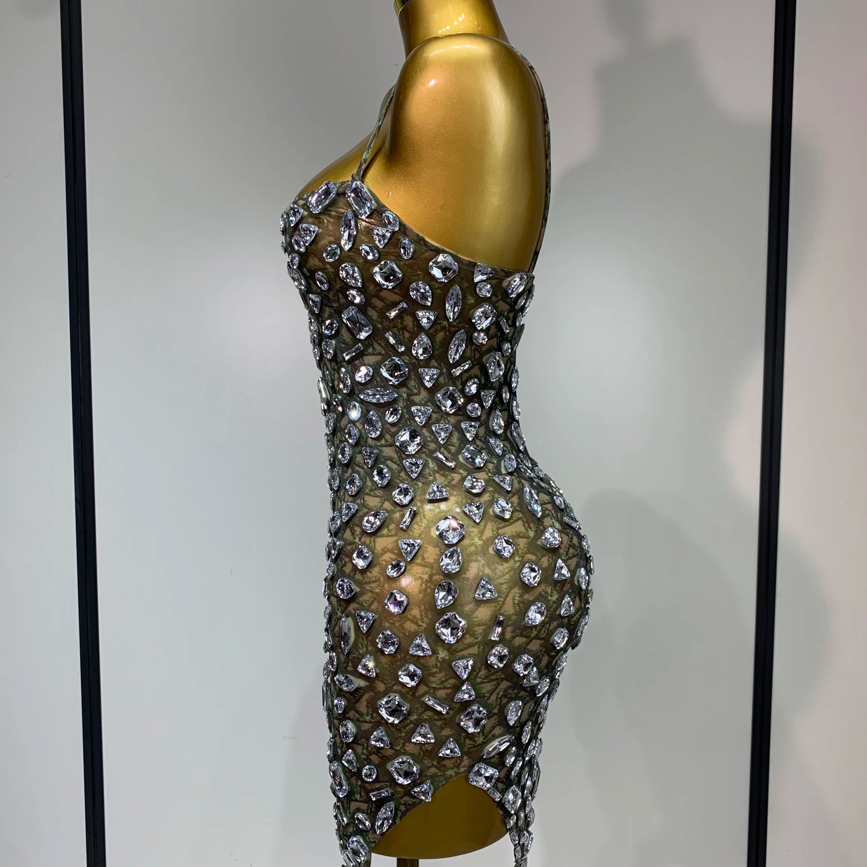 Luxury Diamond Mesh See Through Stretch Bodycon Dress Women Sexy Sleeveless Evening Party Birthday Celebrate Perform Costume