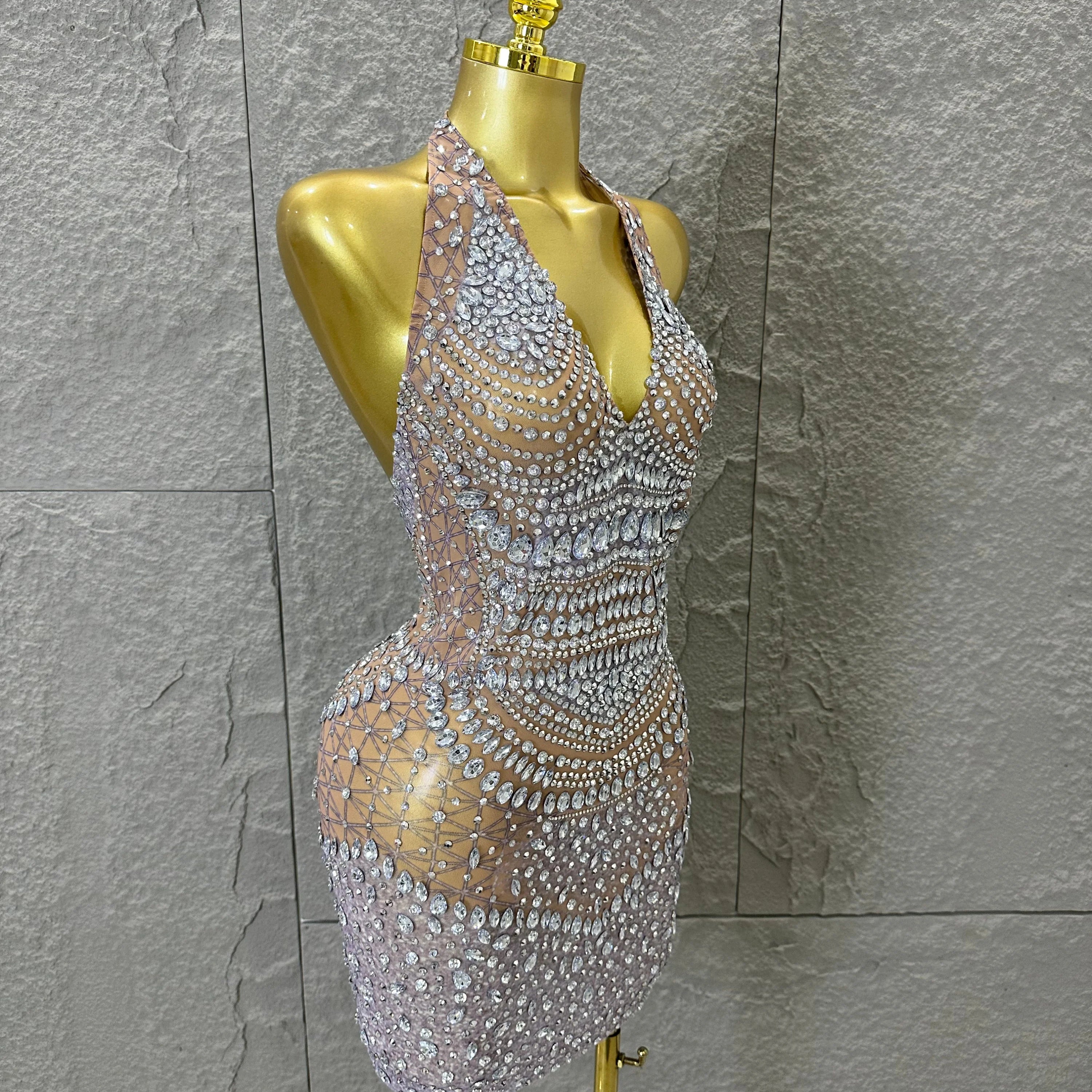 Women Evening Birthday Party Dancer Sexy Nightclub Luxurious Sparkly Crystal Diamonds Print See Through Stretch Mesh Dress