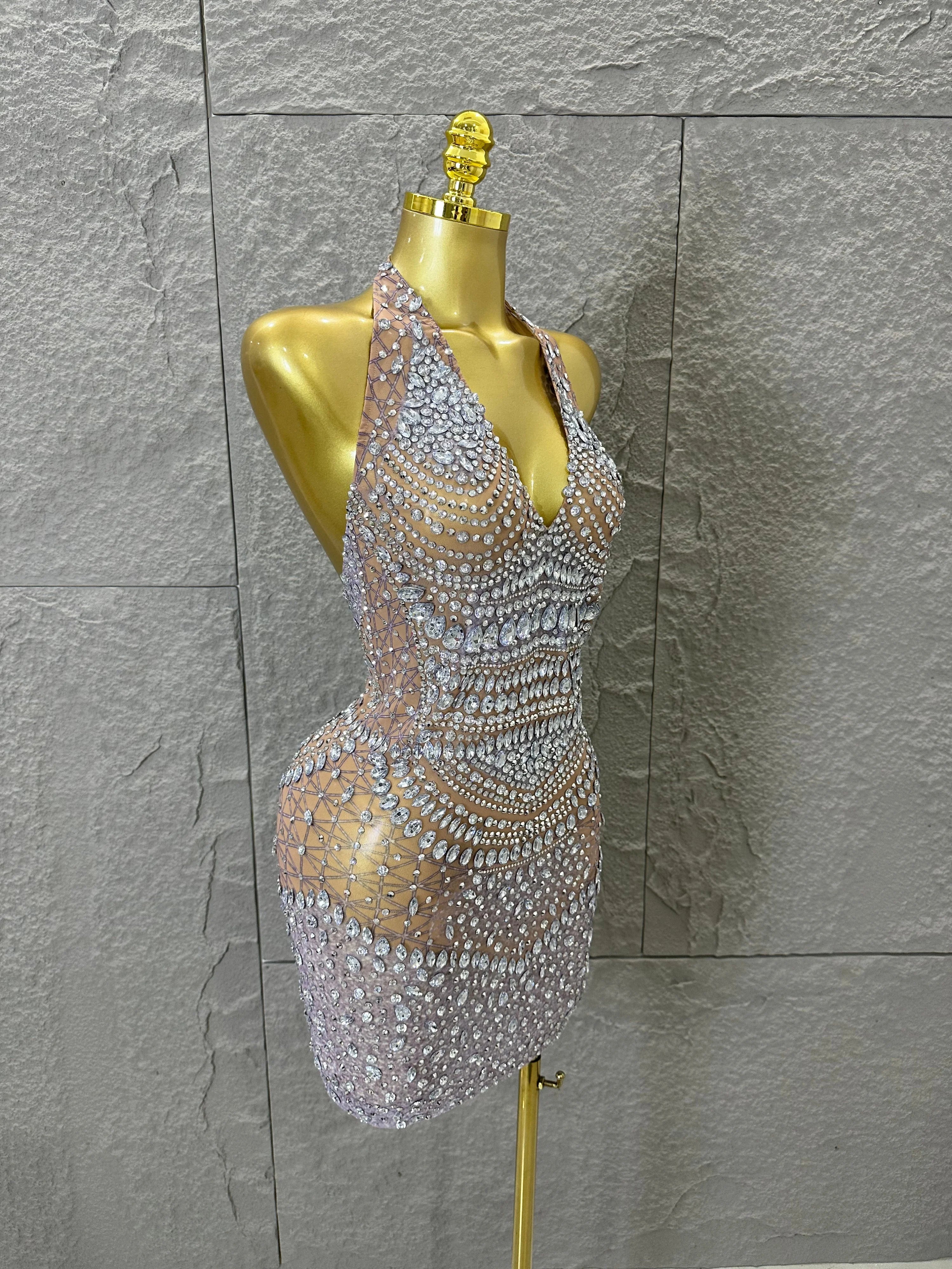 Women Evening Birthday Party Dancer Sexy Nightclub Luxurious Sparkly Crystal Diamonds Print See Through Stretch Mesh Dress